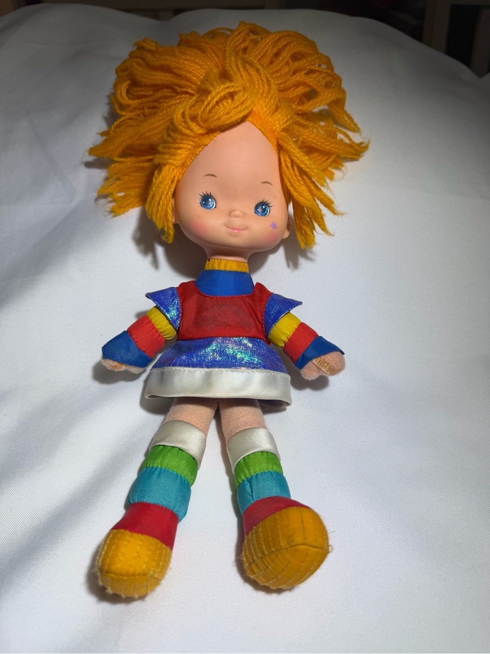 Mattel Rainbow-Striped Dress Plush Doll with Yellow Yarn Hair